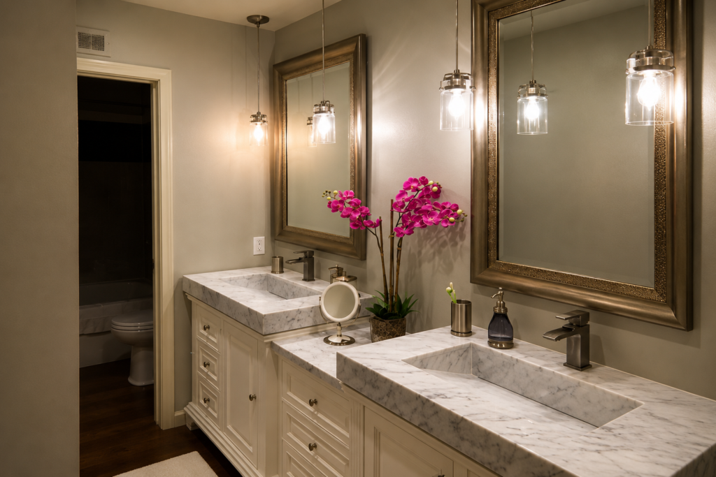 Projects Double-sink bathroom vanity with marble countertop and modern faucets