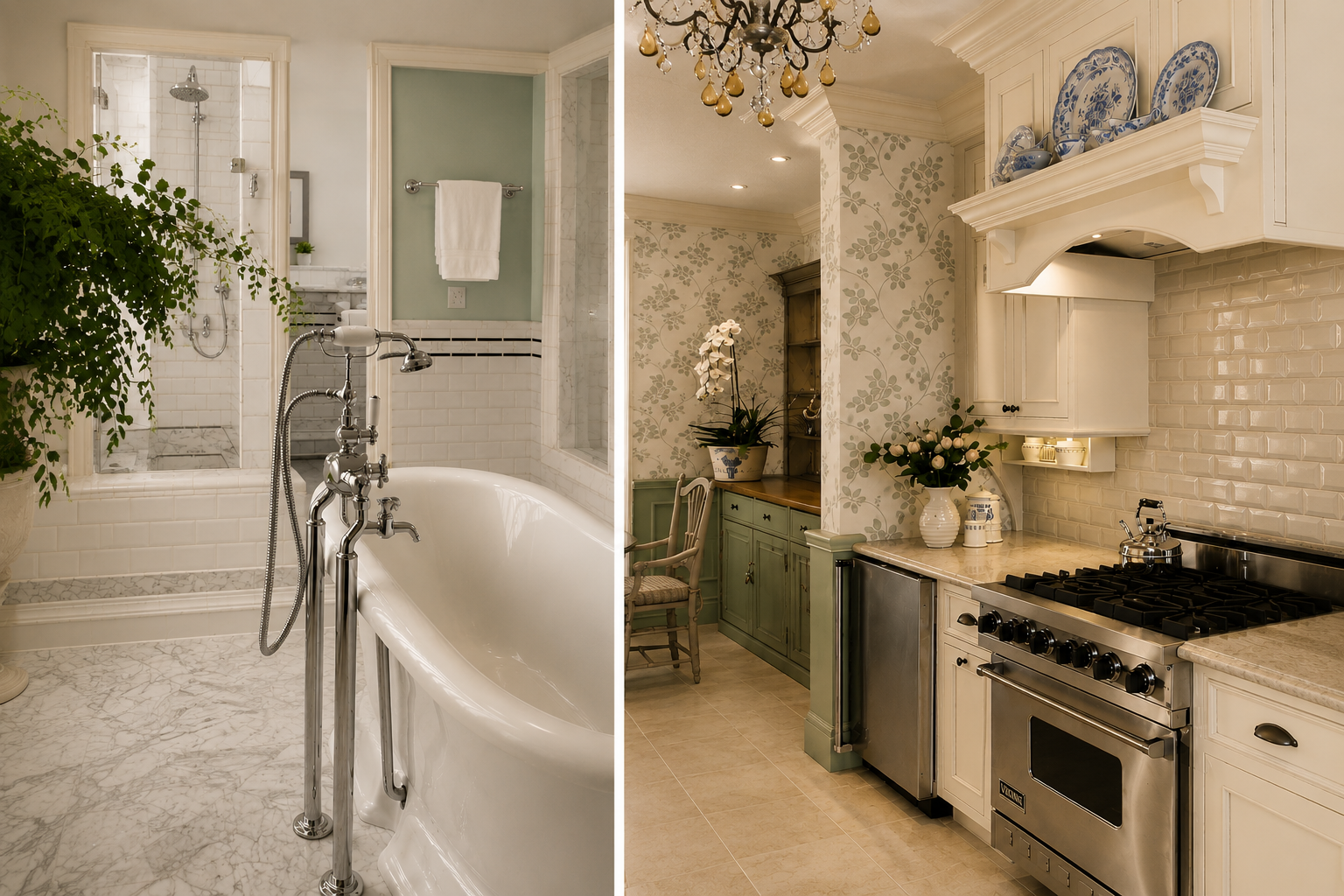 Projects French country kitchen and bathroom renovation with updated plumbing fixtures and decorative tilework.