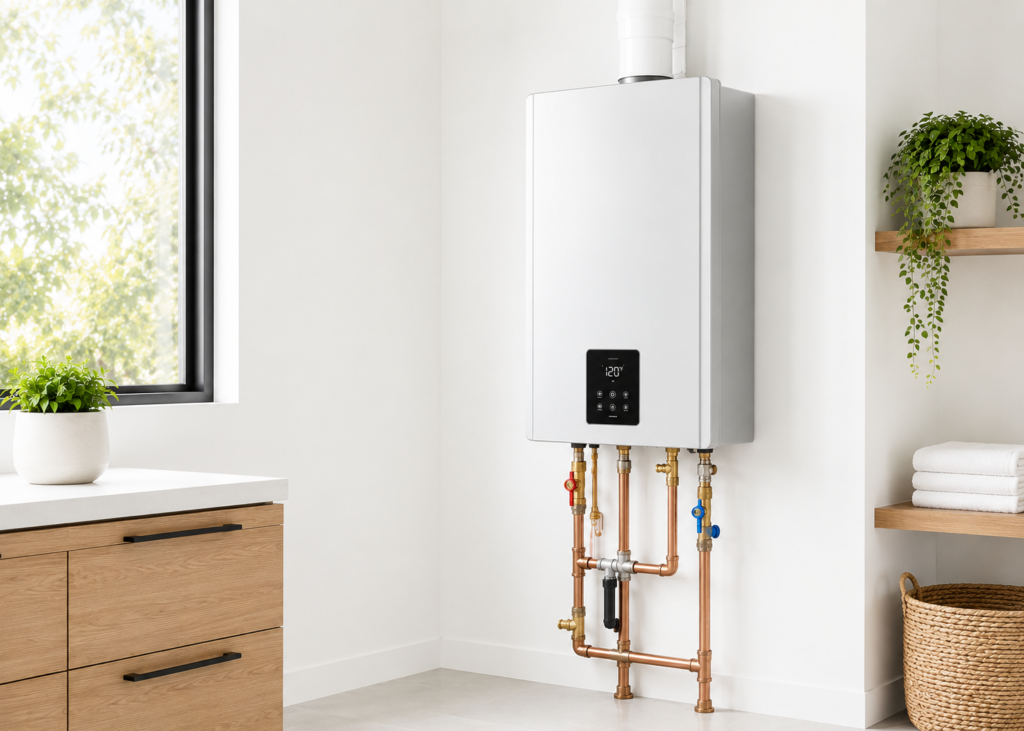 Projects Wall-mounted, tankless water heater with new water and gas connections.