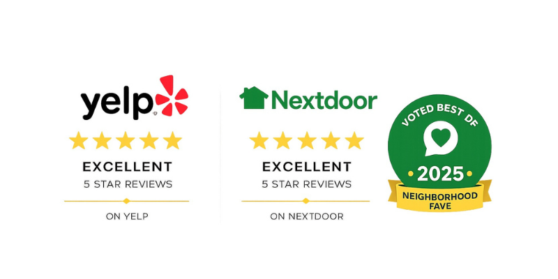 Yelp and Nextdoor 5star customer reviews and neighborhood fave badge 